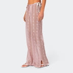 VacationGrabs Women's Summer Sheer Beach Long Pants Casual Drawstring Waist Wide Leg Lace Floral See Through Pants Beachwear