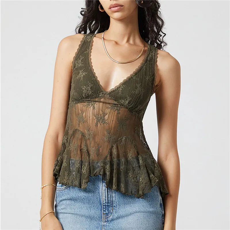 VacationGrabs Women Sexy Semi Sheer Lace Top Cute Ruffle Hem Backless Deep V Neck Peplum Tank Top Summer Beach Holiday Camisole
