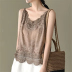 Women V Neck Camisole Loose Fit Hollowed Flower Embroidered Spaghetti Strap Cotton Linen Tops Casual Summer Streetwear