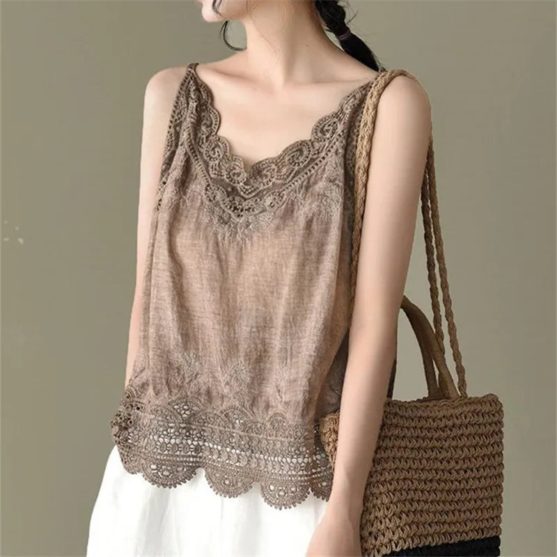 Women V Neck Camisole Loose Fit Hollowed Flower Embroidered Spaghetti Strap Cotton Linen Tops Casual Summer Streetwear