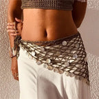 VacationGrabs Women Boho Crochet Sequin Shell Hip Scarf Irregular Mesh Handmade Knit Beach Wrap Skirt Summer Vacation Festival Wear