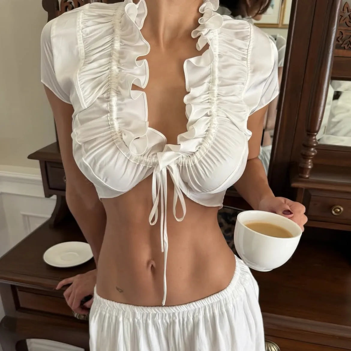 Y2K Sexy White Ruffle Trim Crop Top Women Tie Front Short Sleeve Satin Blouse Coquette Aesthetic Clubwear Party Night Out Tops