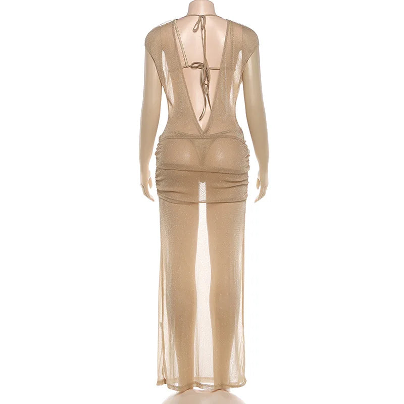Women's 3 Piece Dress Outfits Summer Short Sleeve V Neck Sheer Shiny Dress Golden Bra Tie Up Thong Set Party Club Vacation
