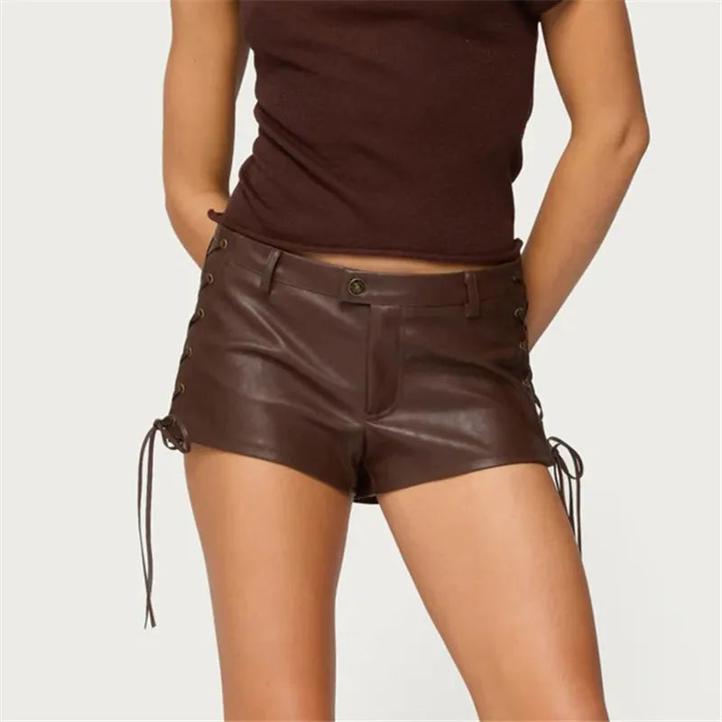 VacationGrabs American Retro Motorcycle Style Faux Leather Low Rise Shorts Lace-Up Side Detail Mini Hot Pants Gothic Punk Streetwear