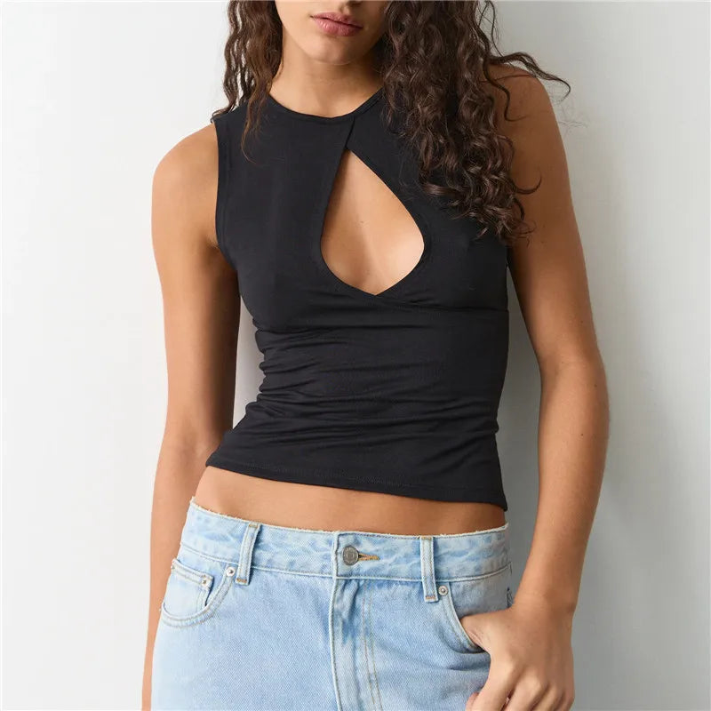VacationGrabs Women's Summer Tank Tops Stylish Solid Color Hollow Out Design Crew Neck Sleeveless Slim Fit Vest Shirt Y2K Streetwear