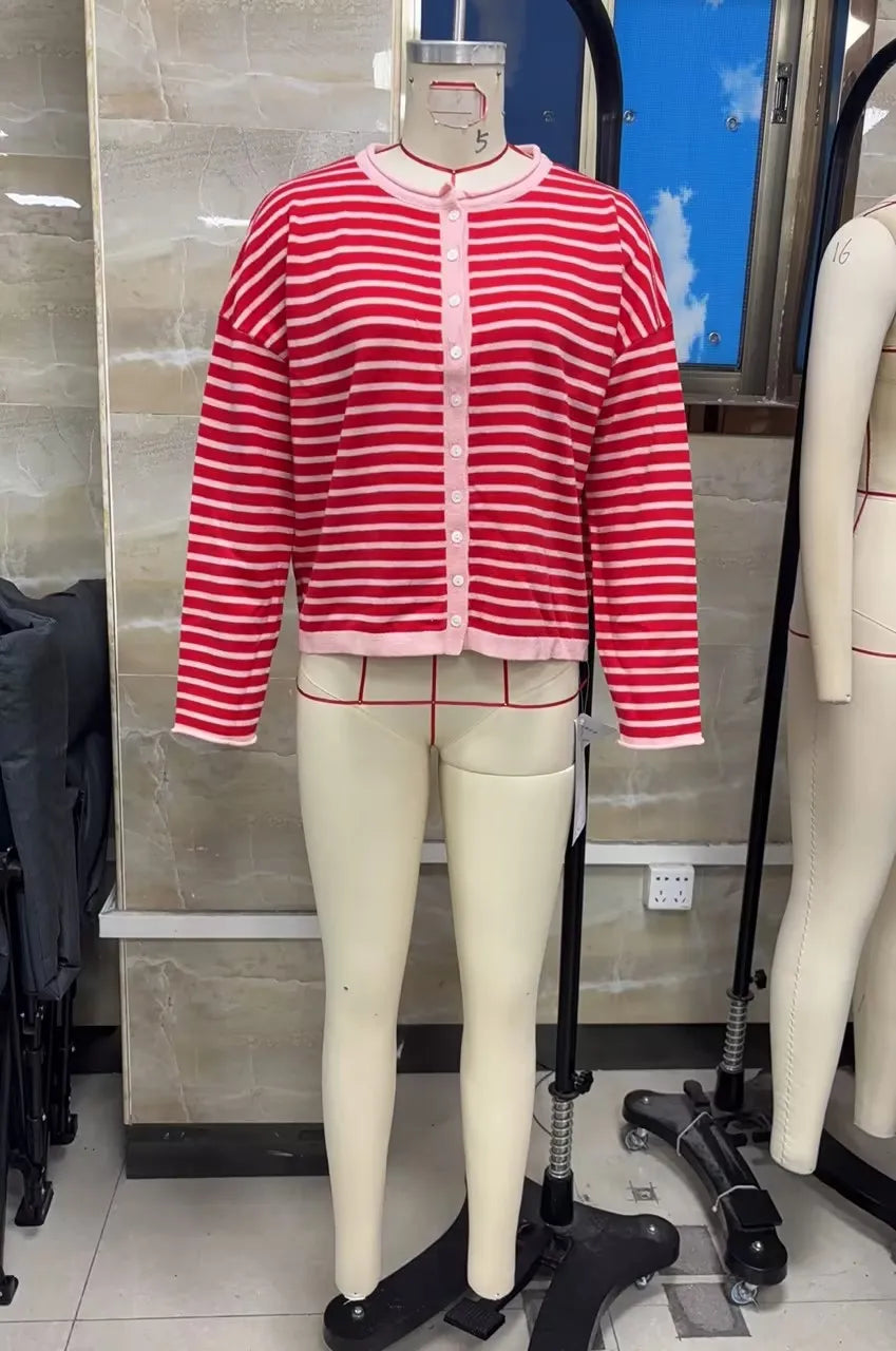 VacationGrabs Casual Color Block Striped Knit Sweater Open Front Cardigan Round Neck Loose Oversized Long Sleeve Cropped Knitwear