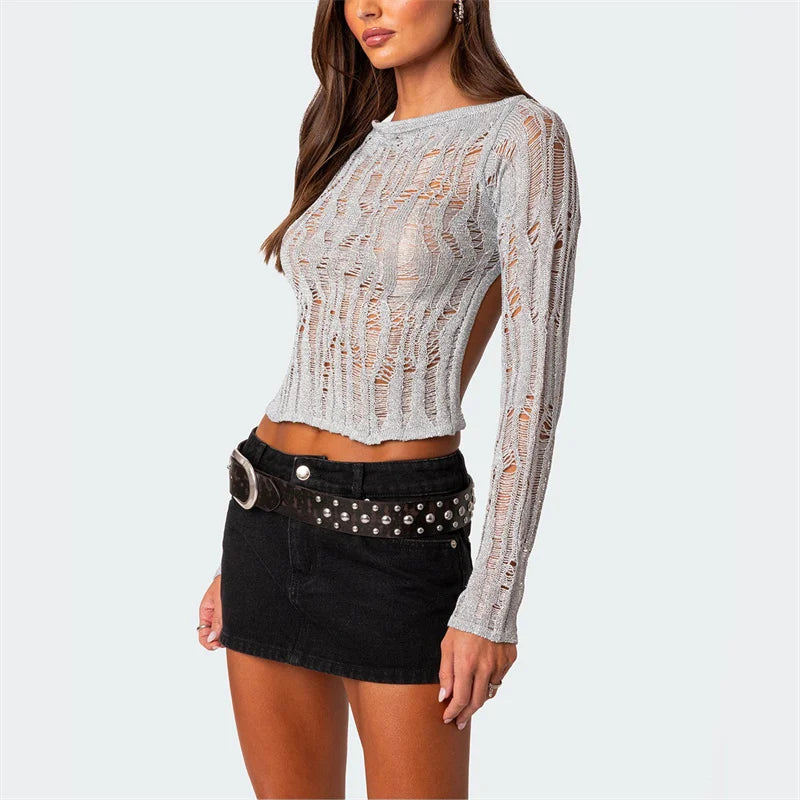 VacationGrabs Women Open Back Knit Top Hollow Out Ripped Sweaters Long Sleeve Distressed Sheer Backless Crochet Crop Tops Vintage