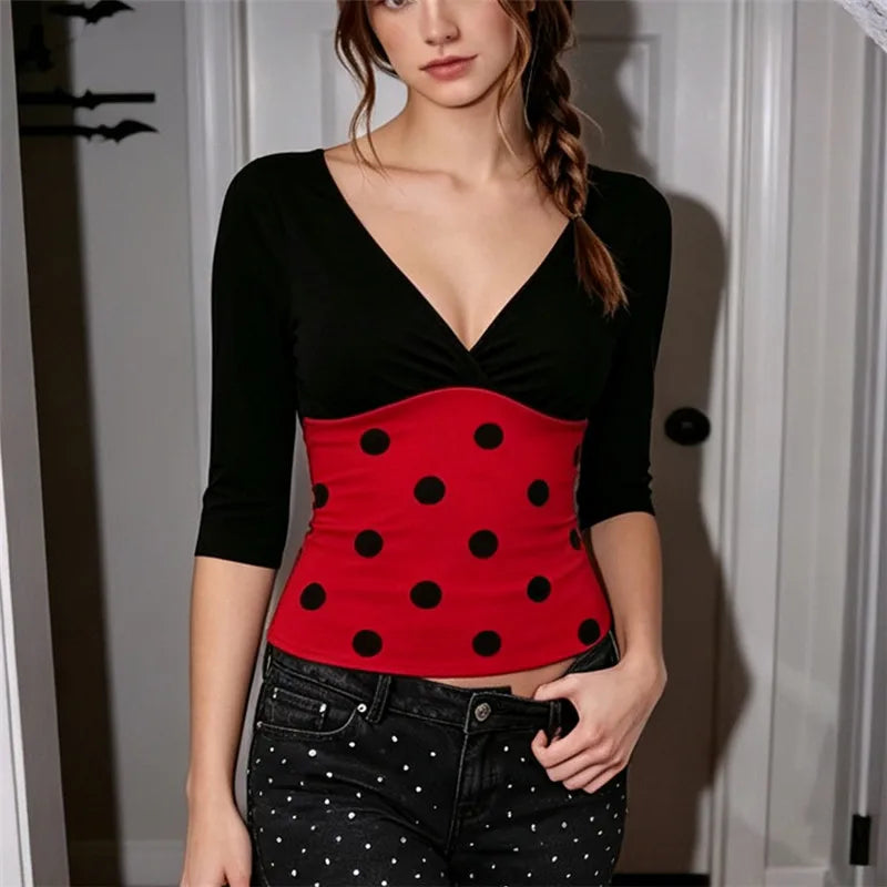 VacationGrabs Women V Neck 3/4 Sleeve Crop Top Polka Dot Ladybug Print Color Block Slim Fit Halloween Cosplay Party Short Top