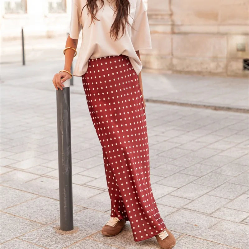VacationGrabs Women Polka Dot Maxi Skirt Elegant Ladies Bodycon A Line Flare Long Skirts Cute Print Flowy Maxi Satin Skirt Dress
