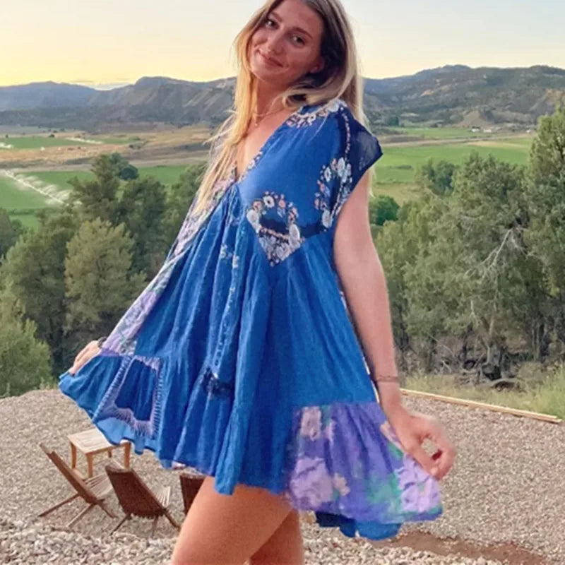 Women's Vintage Boho Mini Dress Y2k Floral Deep V-Neck Puff Sleeve Short Dresses Summer Causal Flowy Beach Sundress