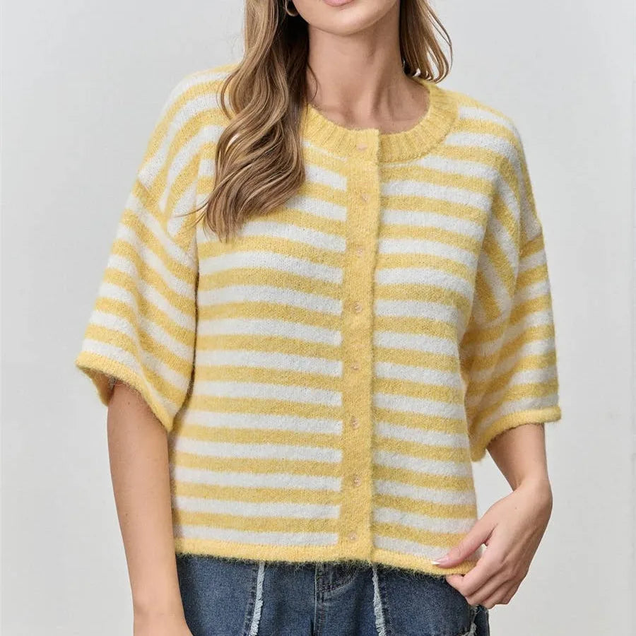 VacationGrabs Women Contrast Stripe Plush Mohair Knit Cardigan Round Neck Button Front Half Sleeve Loose Fit Cropped Knit Jacket Fall