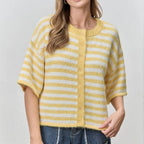 VacationGrabs Women Contrast Stripe Plush Mohair Knit Cardigan Round Neck Button Front Half Sleeve Loose Fit Cropped Knit Jacket Fall