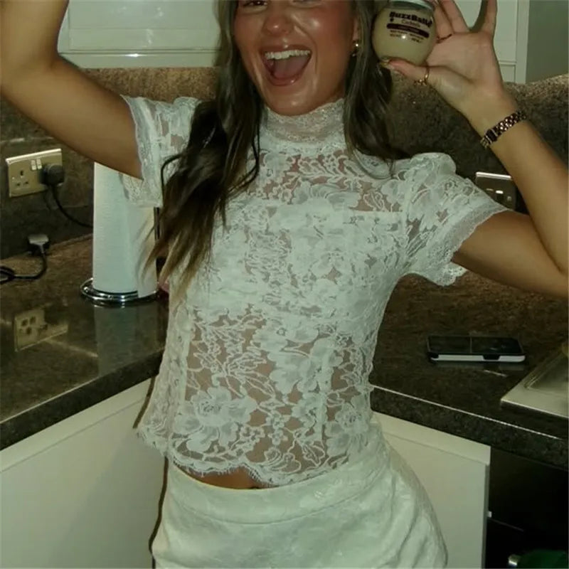 Floral Lace High Neck Sheer Blouse Women Short Puff Sleeve See Through Slim Fit Top For Evening Party Night Out Cocktail Events
