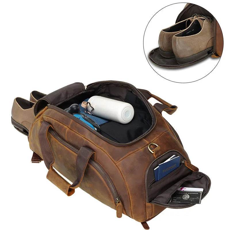 Crazy Horse Leather Travel Handbag Sling Bag Overnight Duffle - VacationGrabs