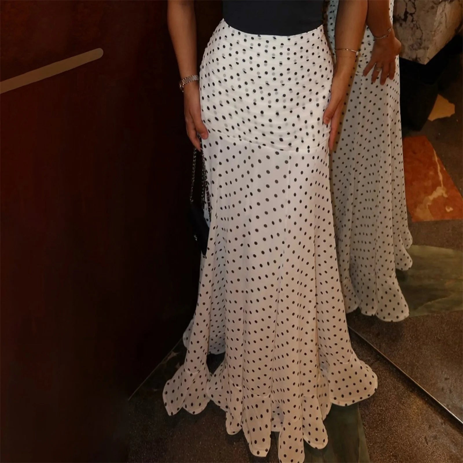 VacationGrabs Polka Dot Floor-length Chiffon Skirt French Style Ruffled Mesh A-line Skirts Elegant Maxi Bottoms High Waist Streetwear