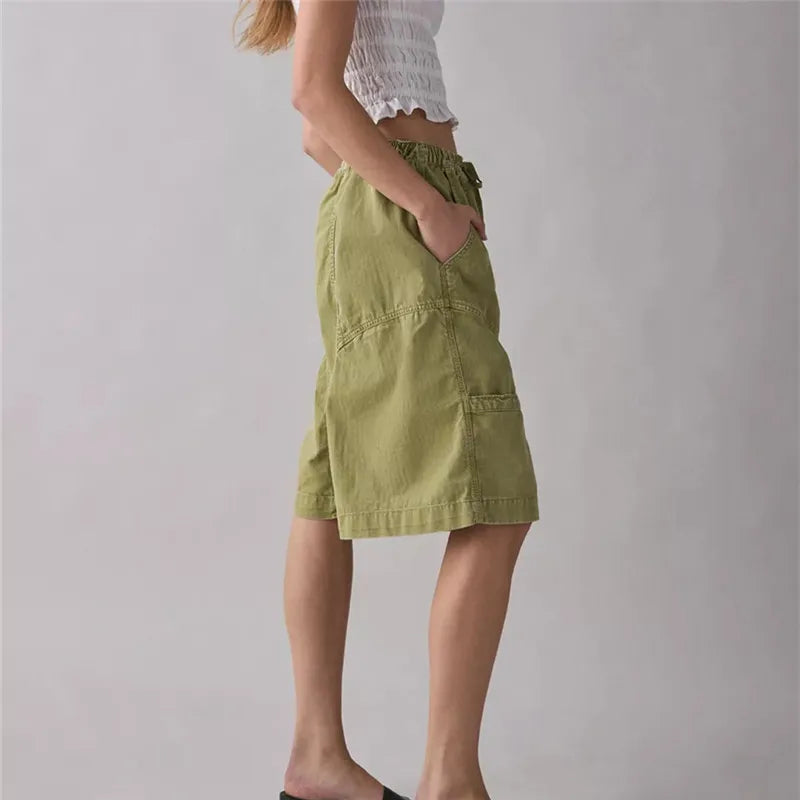 VacationGrabs Cargo Bermuda Shorts Women Drawstring Elastic Waist Multi Pocket Loose Wide Leg Jort Y2K Street Casual Capri Bottoms