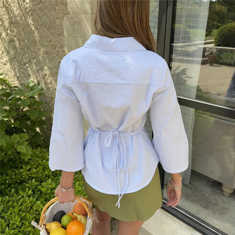 VacationGrabs Y2K Tie Back Cinched Waist Collared Shirt For Women Flare 3/4 Sleeve Button‑Front Slim Fitted Curved Hem Casual Blouse