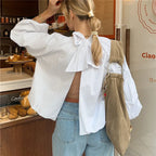 VacationGrabs Women Backless Bow Tie Blouse Stand Collar Puff Long Sleeve Pleated Loose Cropped Shirt Solid Casual Daily Going Out Top