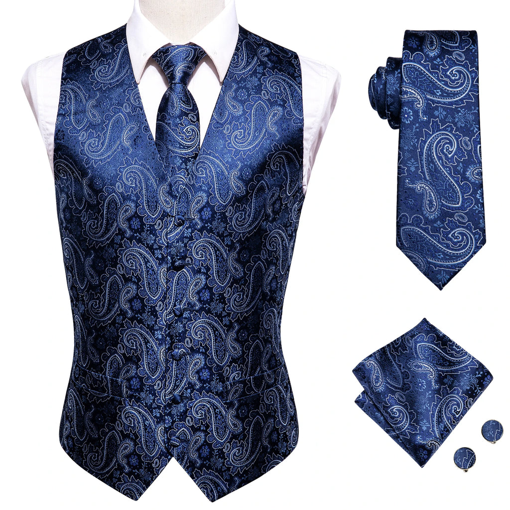 Navy paisley tie set with matching vest and pocket square for formal occasions