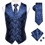 Navy paisley tie set with matching vest and pocket square for formal occasions