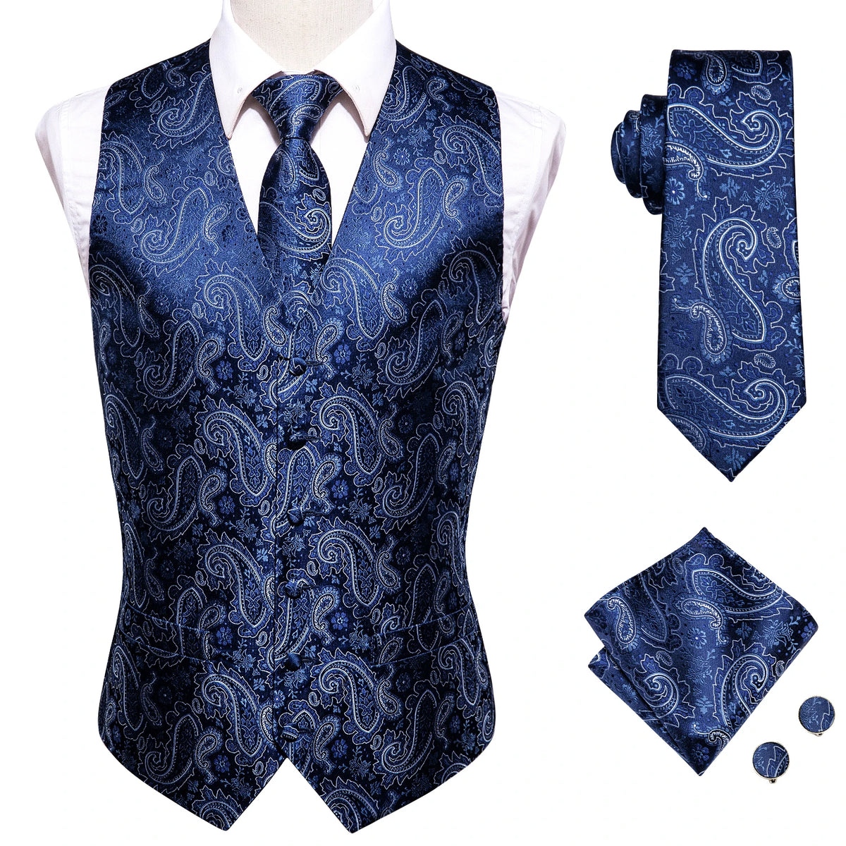 Navy paisley tie set with matching vest and pocket square for formal occasions