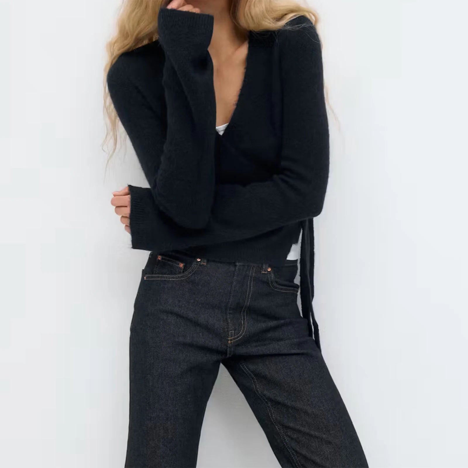 VacationGrabs Wrap Sweater Tops for Women Lightweight Side Tie Front Ballet Wrap Cardigan Elegant V Neck Fitted Cropped Sweaters