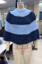VacationGrabs Y2K Striped Fuzzy Poncho Sweater Women Mock Neck Loose Half Sleeve Cropped Knit Cape Pullover Daily Street Outfit