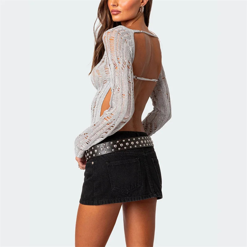 VacationGrabs Women Open Back Knit Top Hollow Out Ripped Sweaters Long Sleeve Distressed Sheer Backless Crochet Crop Tops Vintage