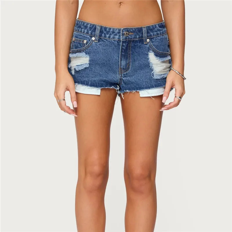 VacationGrabs Womens Low Waist Distressed Denim Shorts Frayed Raw Hem Ripped Jeans Shorts with Inner Layer Casual Streetwear Hot Pants