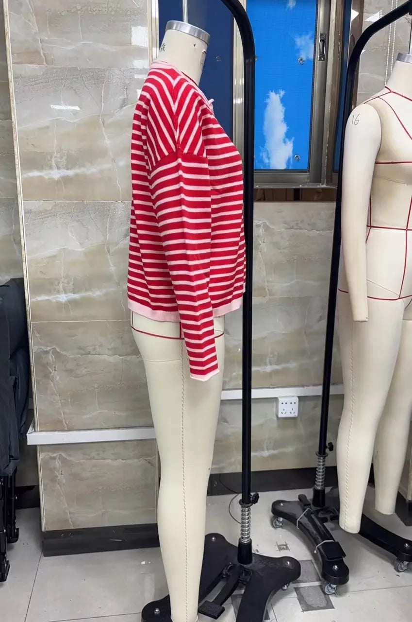 VacationGrabs Casual Color Block Striped Knit Sweater Open Front Cardigan Round Neck Loose Oversized Long Sleeve Cropped Knitwear