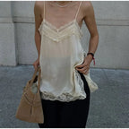 VacationGrabs Women Lace Trim Satin High Low Tops Silk Spaghetti Strap Side Split Asymmetrical Cami Top Flowy Silky Layering Tops