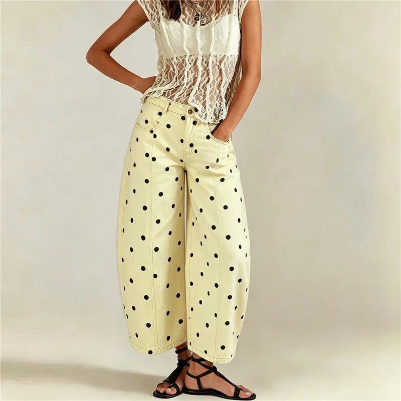 VacationGrabs Women High Waist Polka Dot Wide Leg Cropped Pants Seam Detail Loose Straight Leg Ankle Trousers Vintage CasualStreetwear