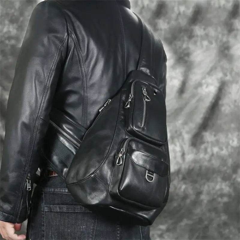 Genuine Leather Men Chest Bag Single Shoulder Sports Riding Bag - VacationGrabs