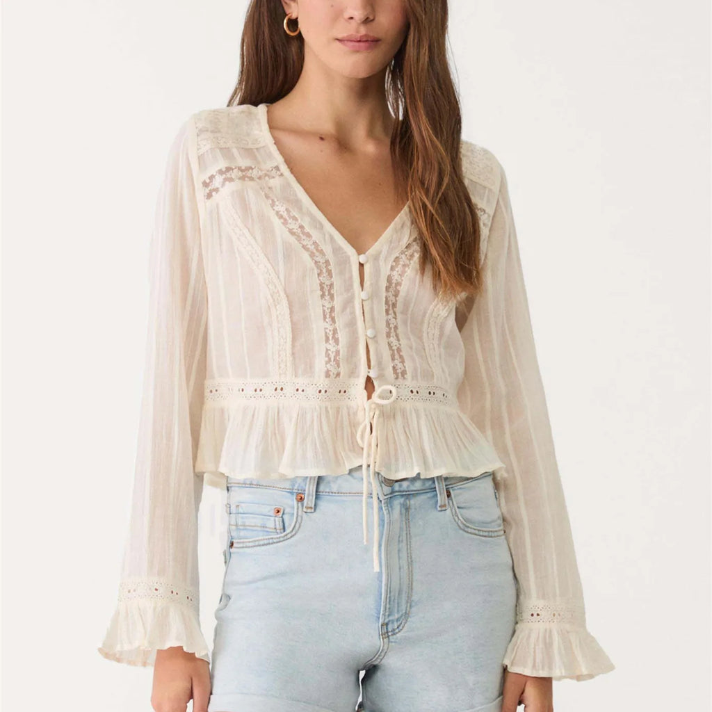 Women's Y2K Fairy Long Sleeve V Neck Shirts Spring Fall Lace Patchwork See-through Tie-up Front Button Up Blouse Crop Tops