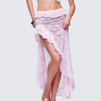 VacationGrabs Women Asymmetrical Lace Flowy Skirt Vintage Long Skirts High Waist Ruffle Midi Aesthetic Ladies See Through Beach Skirts