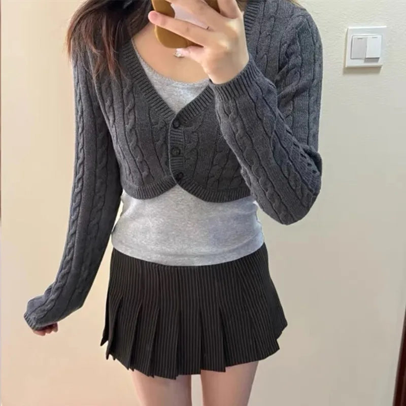 VacationGrabs Women Y2K Cable Knit Cropped Bolero Cardigan V Neck Button Long Sleeve Super Short Knit Shrug Sweater Outerwear Tops
