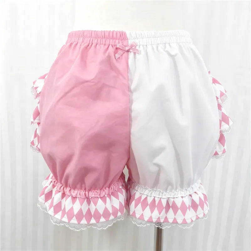 VacationGrabs Lolita Women Bloomers Shorts Color Block Patchwork Ruffle Lace Elastic Waist Pumpkin Pantalettes Sweet Cosplay Bottoms