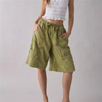 Y2K Retro Cargo Shorts Women Elastic Drawstring Waist Multi Pocket Loose Wide Leg Bermuda Jort Daily Streetwear Casual Pants