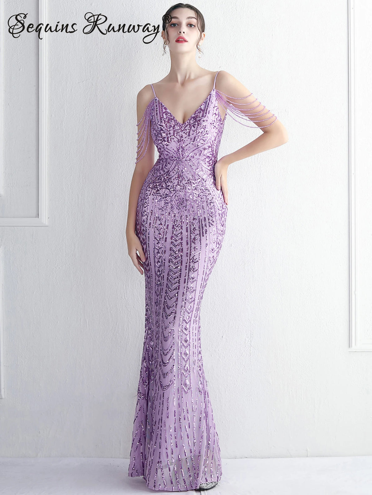 Sequin Maxi Slip Dress with V-Neck, Floor-Length Mermaid Cut