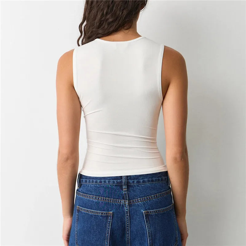 VacationGrabs Women's Summer Tank Tops Stylish Solid Color Hollow Out Design Crew Neck Sleeveless Slim Fit Vest Shirt Y2K Streetwear