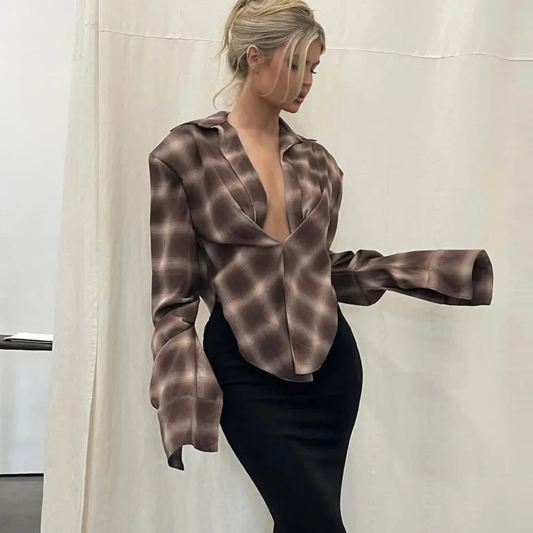 VacationGrabs Women Sexy Blouses Vintage Contrast Plaid V-Neck Slim Shirt Top Fashion Y2k Party Look New High Waisted Female Shirt Top