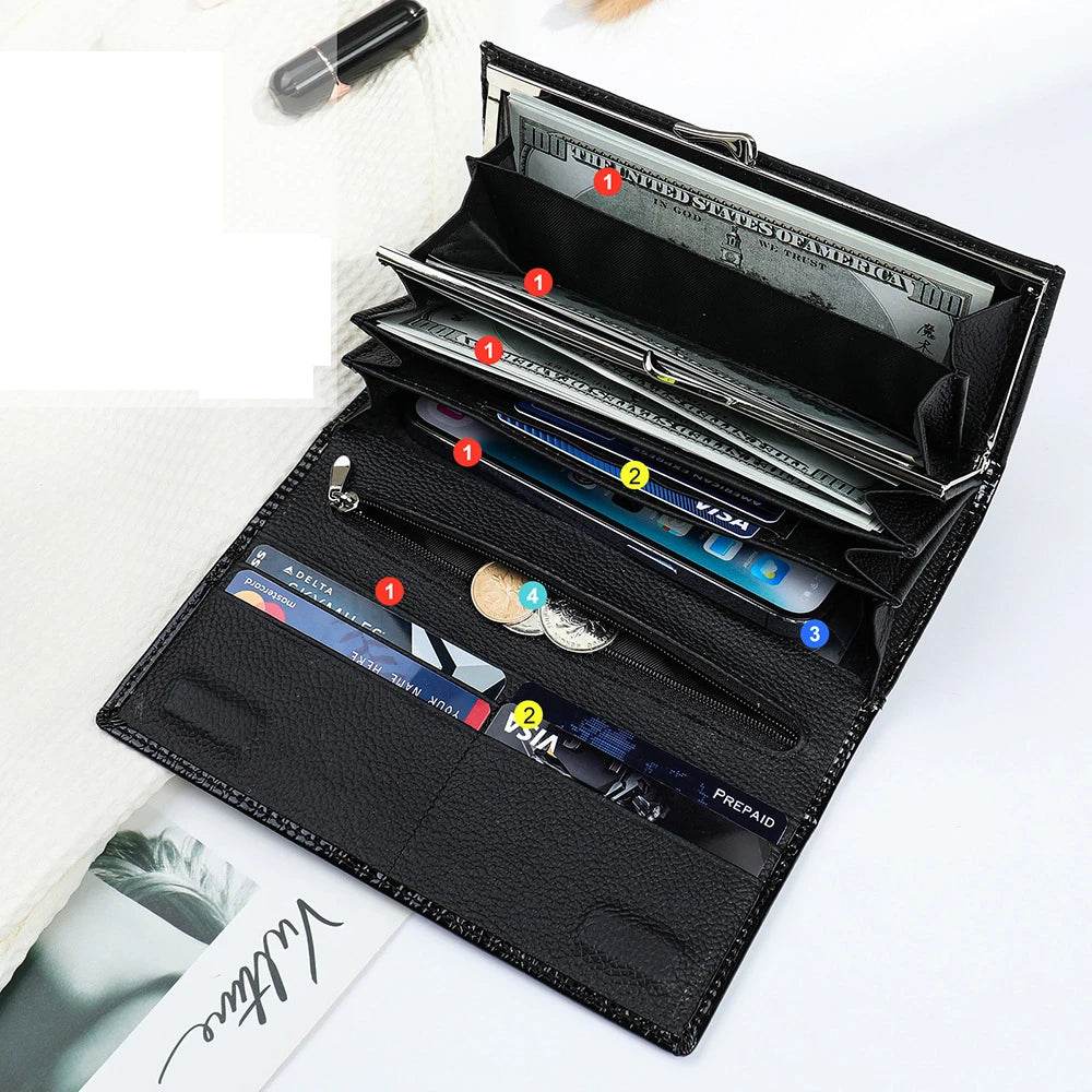 Genuine Leather Long Wallet for Women Clutch Purse Card Holder - VacationGrabs