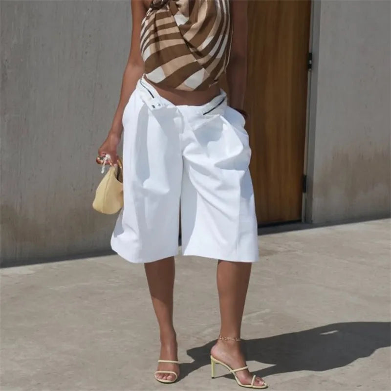 VacationGrabs High Rise Pleated Bermuda Shorts Solid Wide Leg Suit Fabric Culottes Women Elegant Office Street Mid Calf Dress Shorts