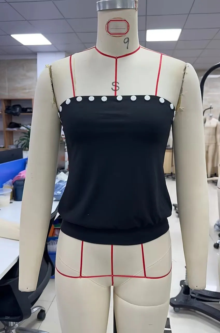 VacationGrabs Y2K Button Trim Strapless Tube Top Women Elastic Waist Hem Bandeau Sleeveless Off Shoulder Cropped Blouse Streetwear