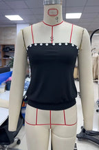 VacationGrabs Y2K Button Trim Strapless Tube Top Women Elastic Waist Hem Bandeau Sleeveless Off Shoulder Cropped Blouse Streetwear