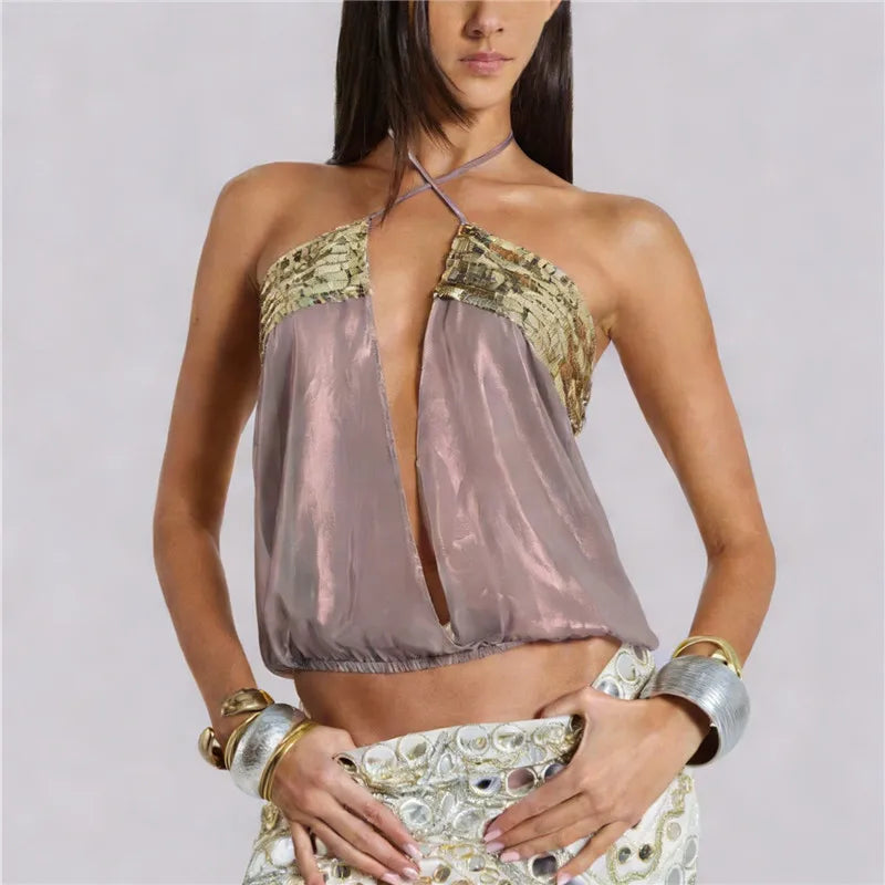 VacationGrabs Summer Sheer Backless Tie Up Halter Camis Sequin Patchwork Split Front Crop Top Sexy Women Beach Sleeveless Shirt Vest