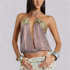 VacationGrabs Summer Sheer Backless Tie Up Halter Camis Sequin Patchwork Split Front Crop Top Sexy Women Beach Sleeveless Shirt Vest