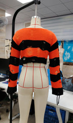 VacationGrabs Y2K Punk Distressed Striped Crop Knit Sweater Women Cross Lace Up Side Long Sleeve Ripped Hole Gothic Streetwear Top