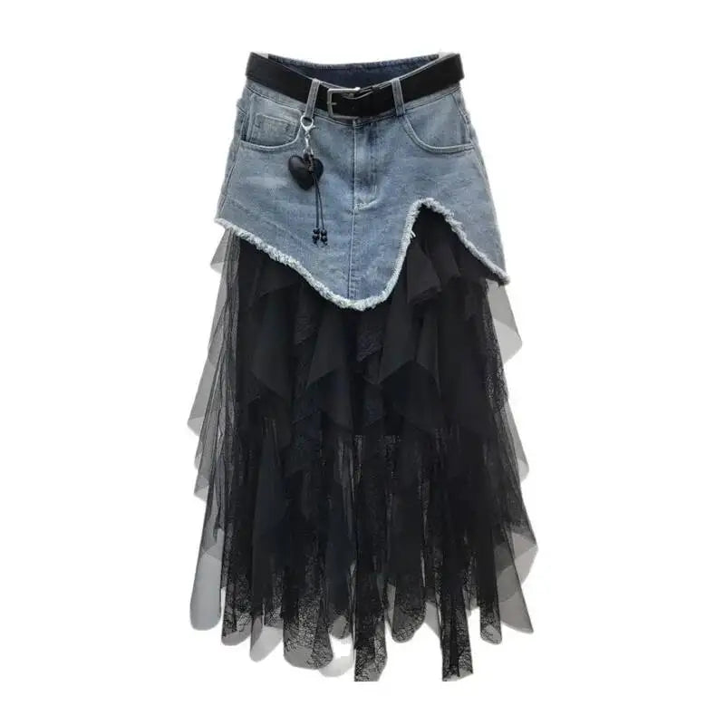 Women's Skirts Mesh A-line High Waist Long Irregular Denim Skirt
