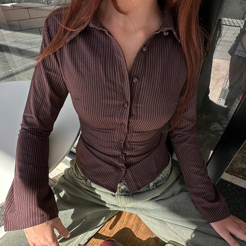 VacationGrabs Women Y2k Button Down Shirts Casual Long Sleeve V Neck Collared Slim Fit Crop Top E-Girls Coquette Vintage Blouse